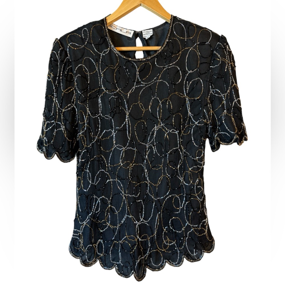 Vintage 100% Silk Scala Black Beaded Embroidered Short-Sleeve Blouse Sz XL